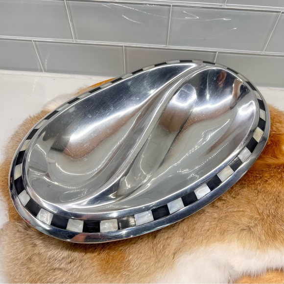 Towle Silversmiths Silver Oval Serving Dish Bowl Inlaid Mother Of Pearl/ Onyx - Picture 9 of 13